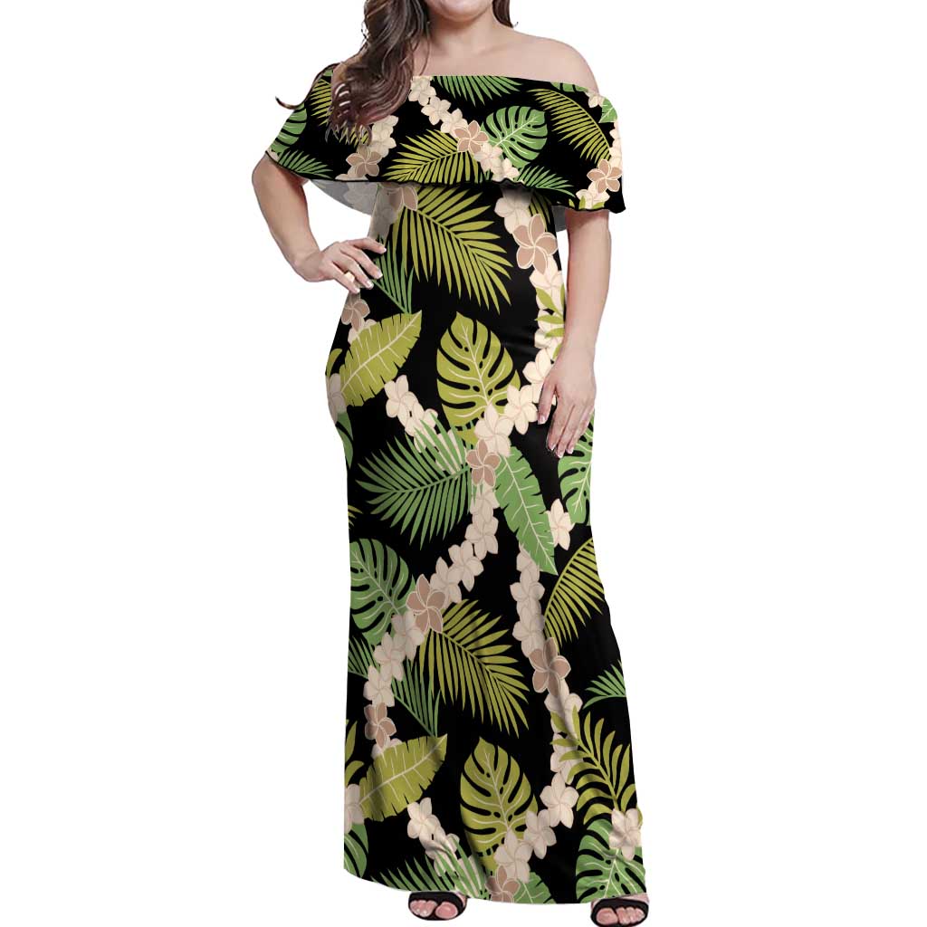 Black Hawaii Plumeria Lei With Tropical Leaves Off Shoulder Maxi Dress