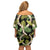 Black Hawaii Plumeria Lei With Tropical Leaves Off Shoulder Short Dress