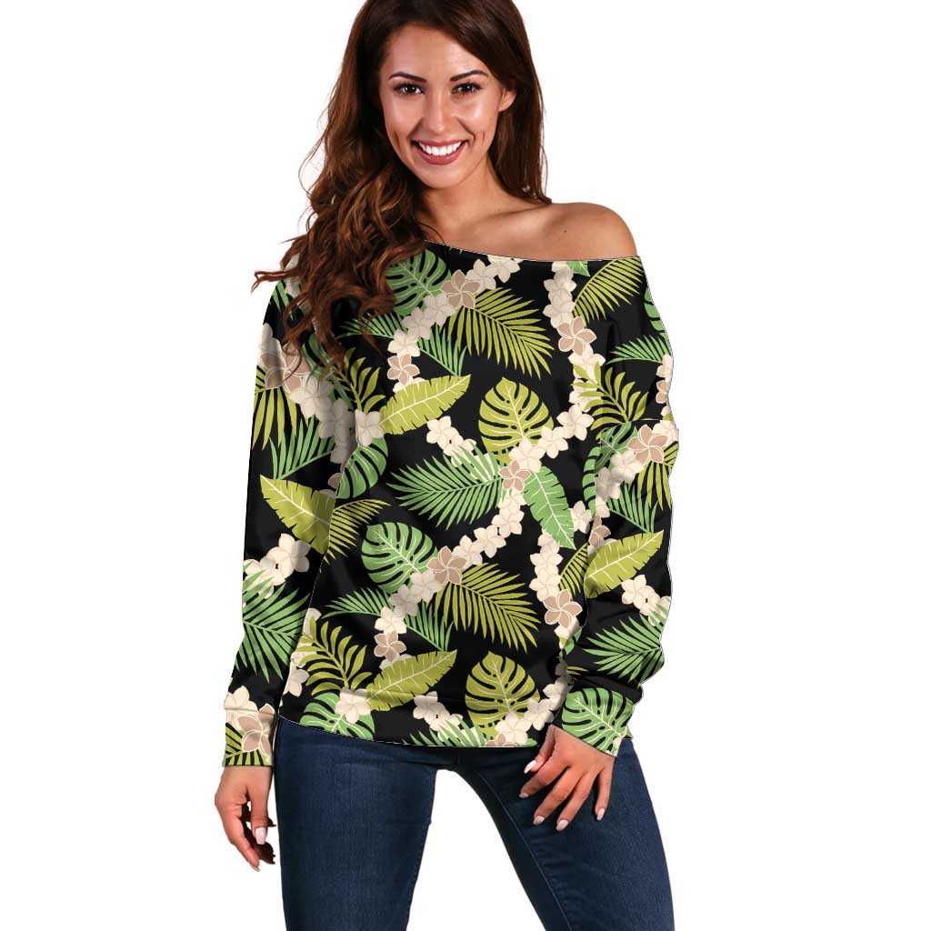 Black Hawaii Plumeria Lei With Tropical Leaves Off Shoulder Sweater