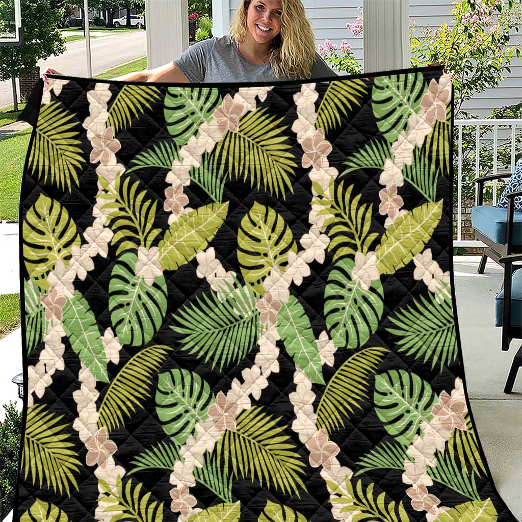 Black Hawaii Plumeria Lei With Tropical Leaves Quilt