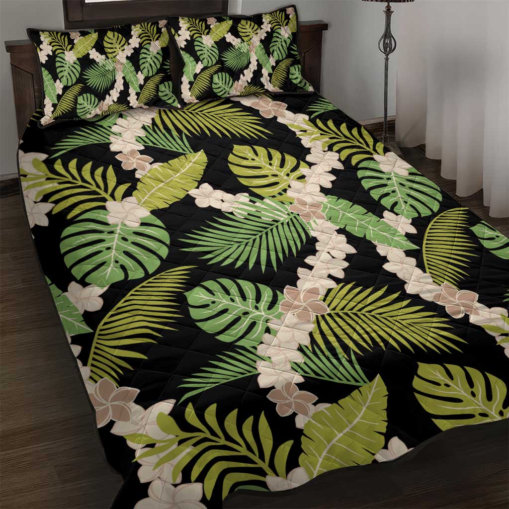 Black Hawaii Plumeria Lei With Tropical Leaves Quilt Bed Set