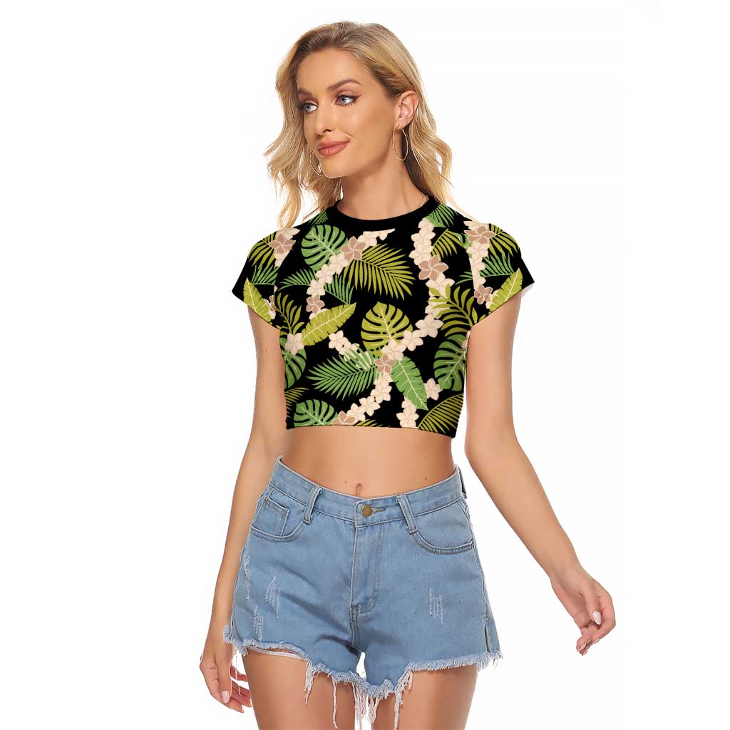 Black Hawaii Plumeria Lei With Tropical Leaves Raglan Cropped T Shirt