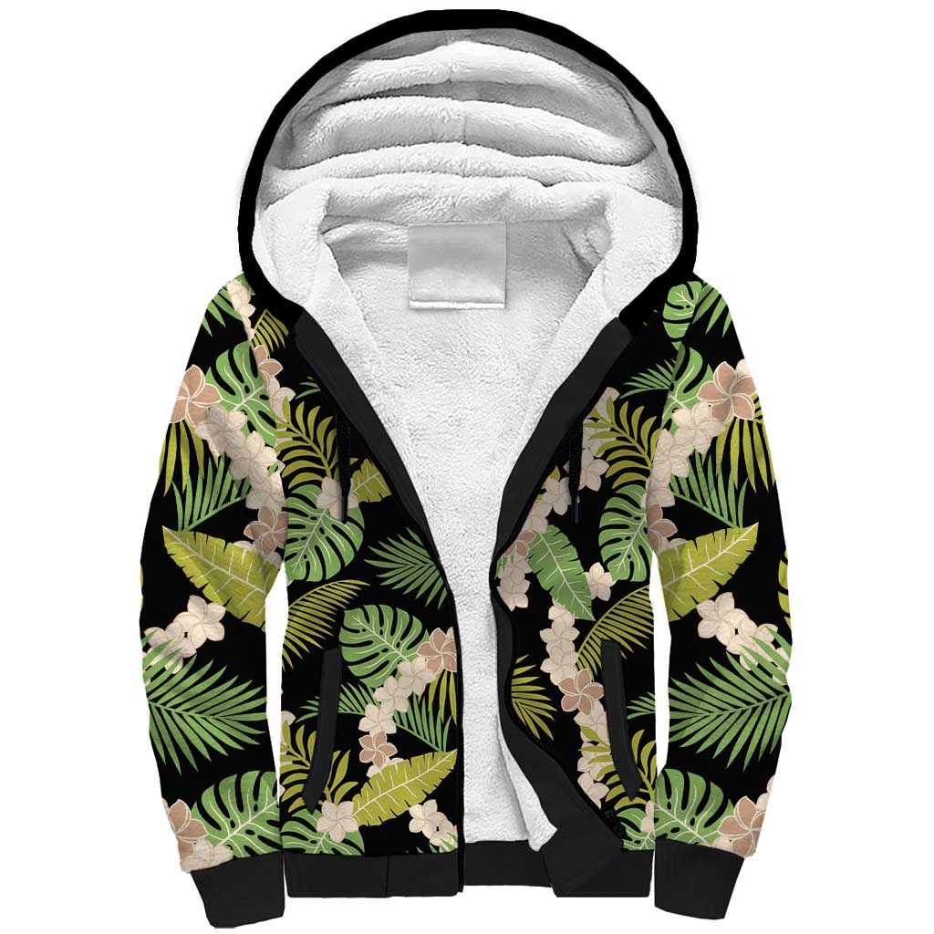 Black Hawaii Plumeria Lei With Tropical Leaves Sherpa Hoodie