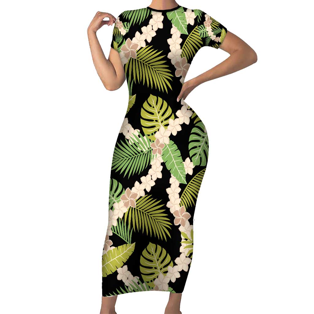 Black Hawaii Plumeria Lei With Tropical Leaves Short Sleeve Bodycon Dress