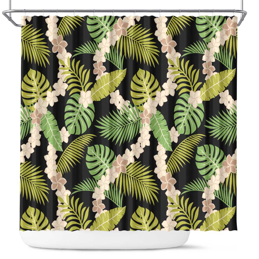 Black Hawaii Plumeria Lei With Tropical Leaves Shower Curtain