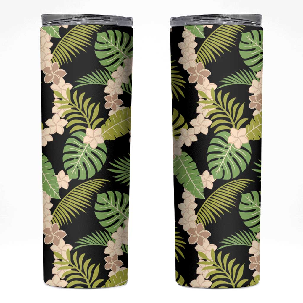 Black Hawaii Plumeria Lei With Tropical Leaves Skinny Tumbler