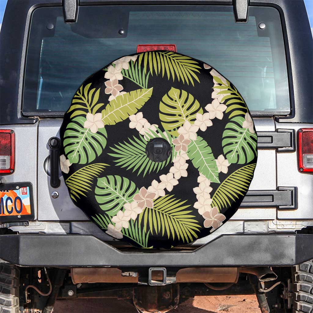 Black Hawaii Plumeria Lei With Tropical Leaves Spare Tire Cover