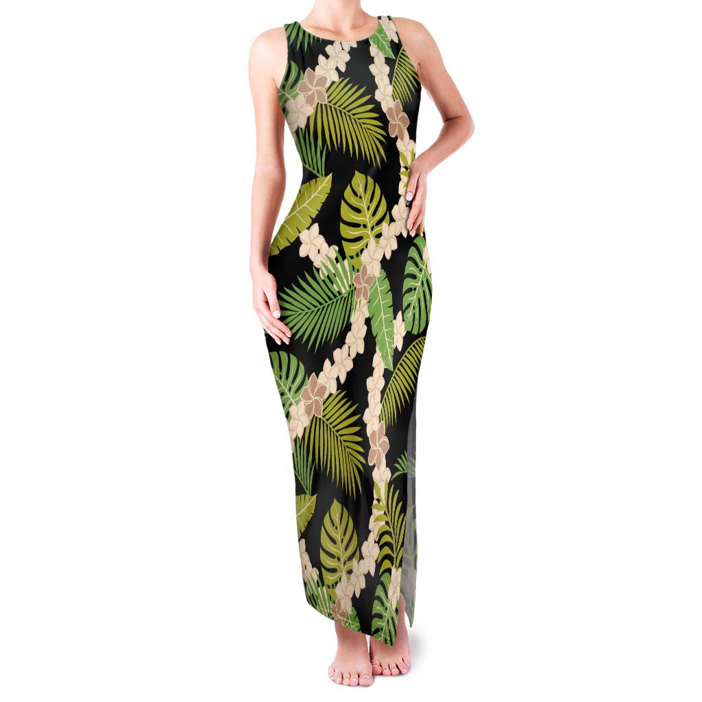 Black Hawaii Plumeria Lei With Tropical Leaves Tank Maxi Dress