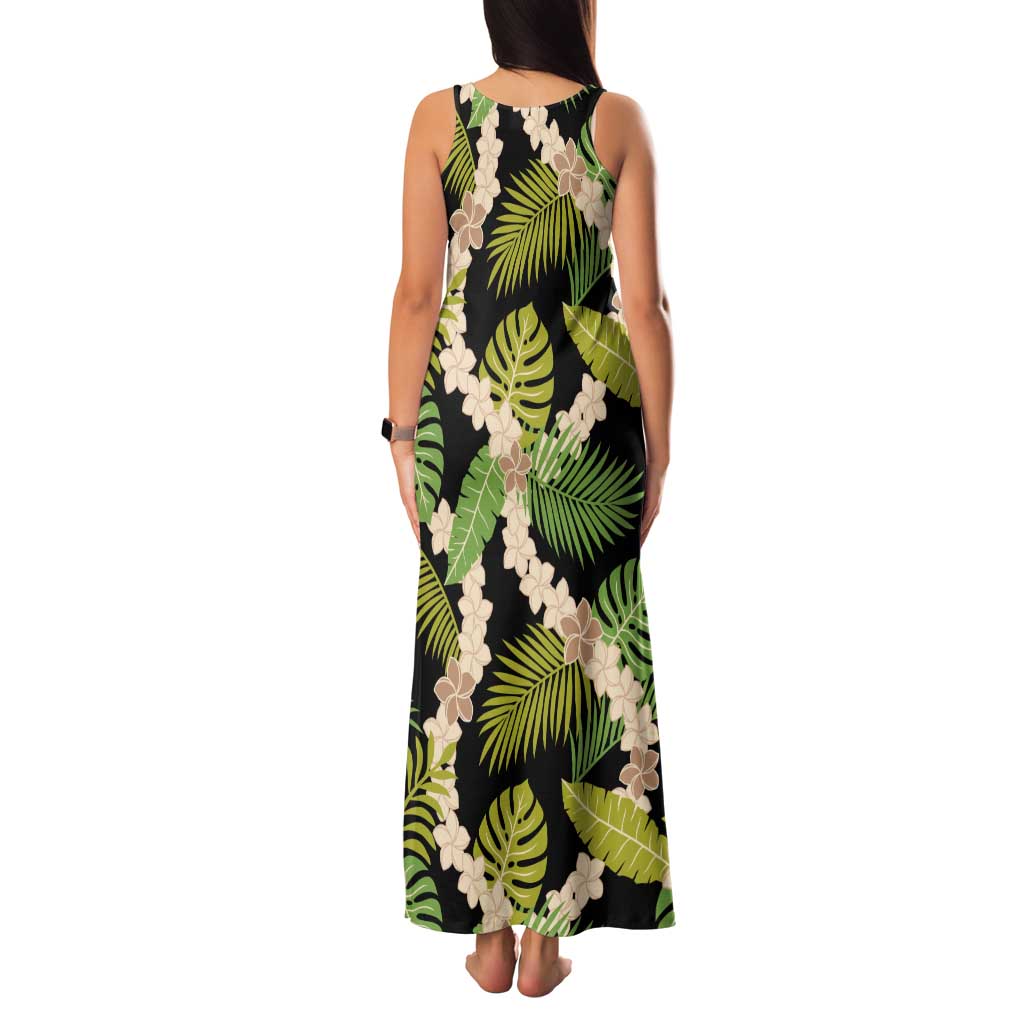 Black Hawaii Plumeria Lei With Tropical Leaves Tank Maxi Dress
