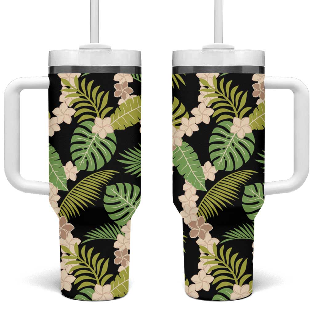 Black Hawaii Plumeria Lei With Tropical Leaves Tumbler With Handle