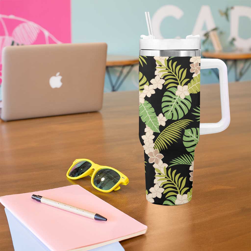 Black Hawaii Plumeria Lei With Tropical Leaves Tumbler With Handle