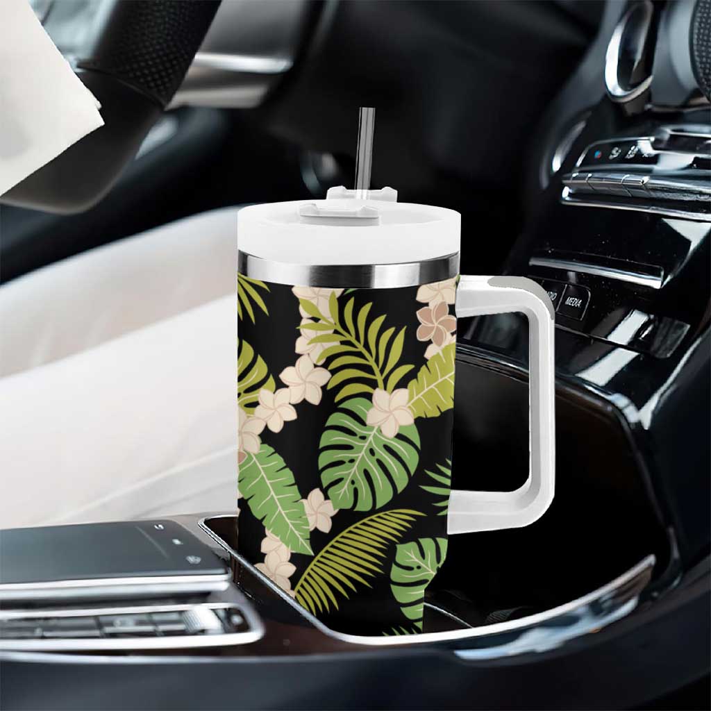 Black Hawaii Plumeria Lei With Tropical Leaves Tumbler With Handle
