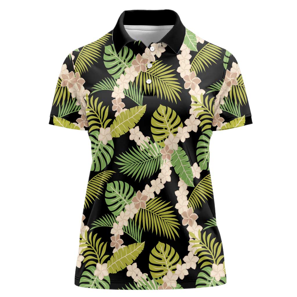 Black Hawaii Plumeria Lei With Tropical Leaves Women Polo Shirt