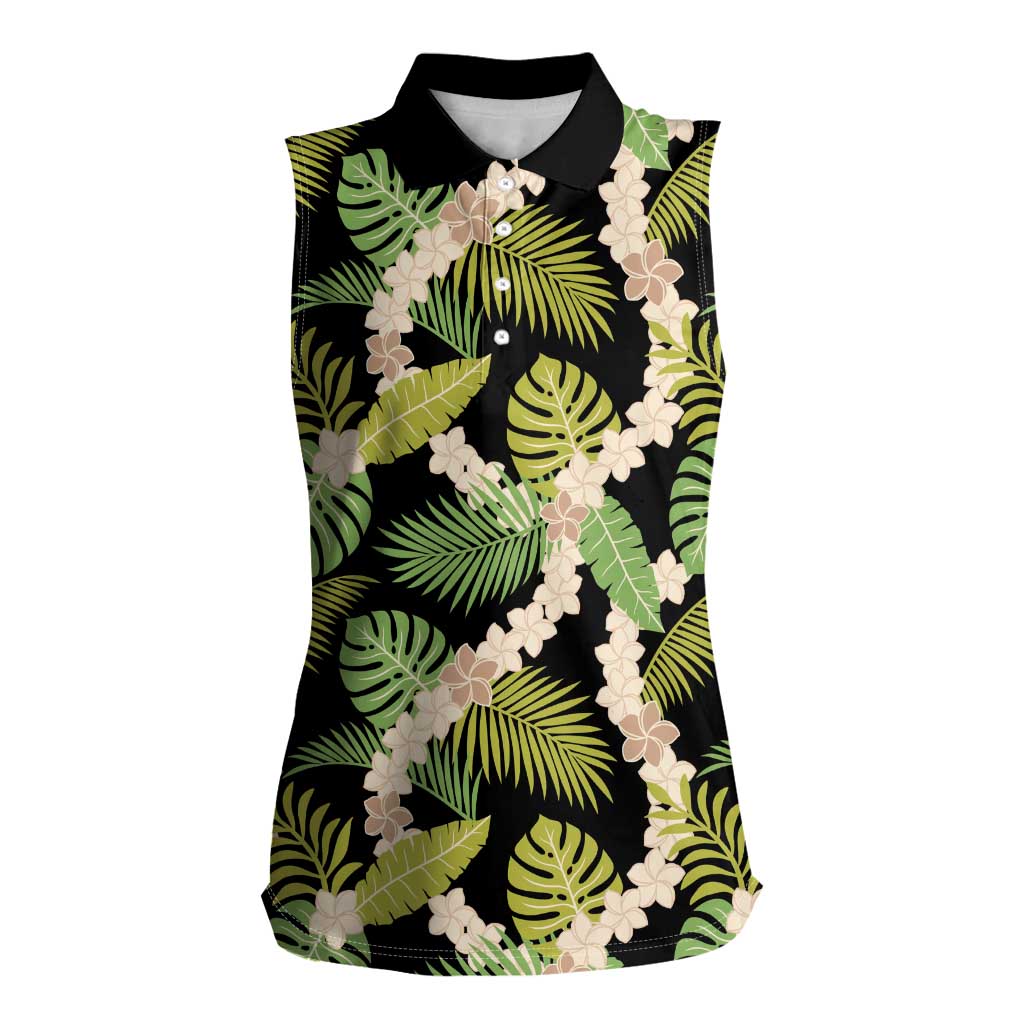 Black Hawaii Plumeria Lei With Tropical Leaves Women Sleeveless Polo Shirt