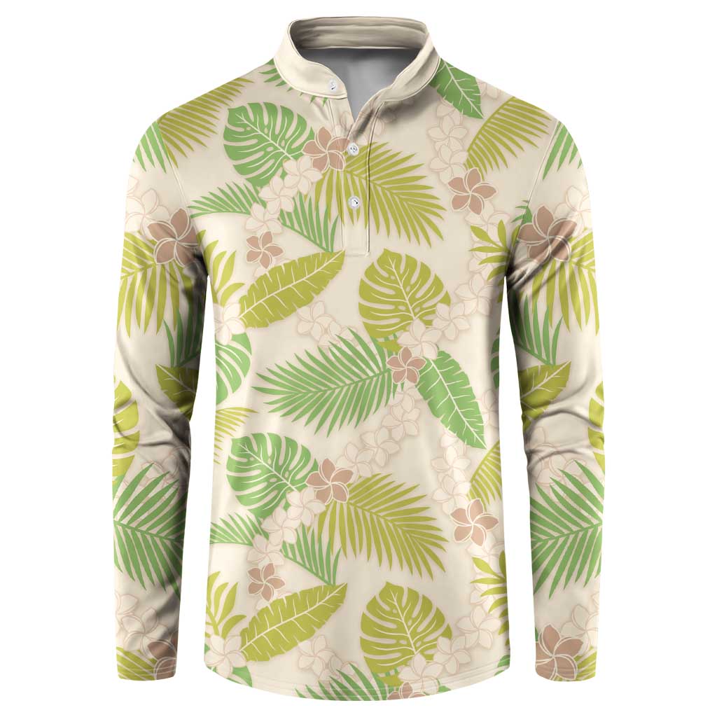 Beige Hawaii Plumeria Lei With Tropical Leaves Button Sweatshirt