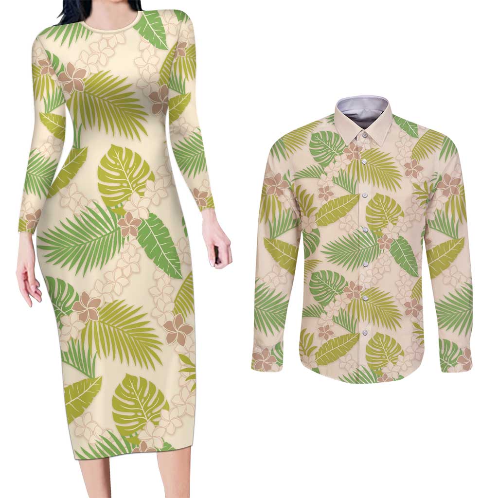 Beige Hawaii Plumeria Lei With Tropical Leaves Couples Matching Long Sleeve Bodycon Dress and Long Sleeve Button Shirt