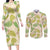 Beige Hawaii Plumeria Lei With Tropical Leaves Couples Matching Long Sleeve Bodycon Dress and Long Sleeve Button Shirt