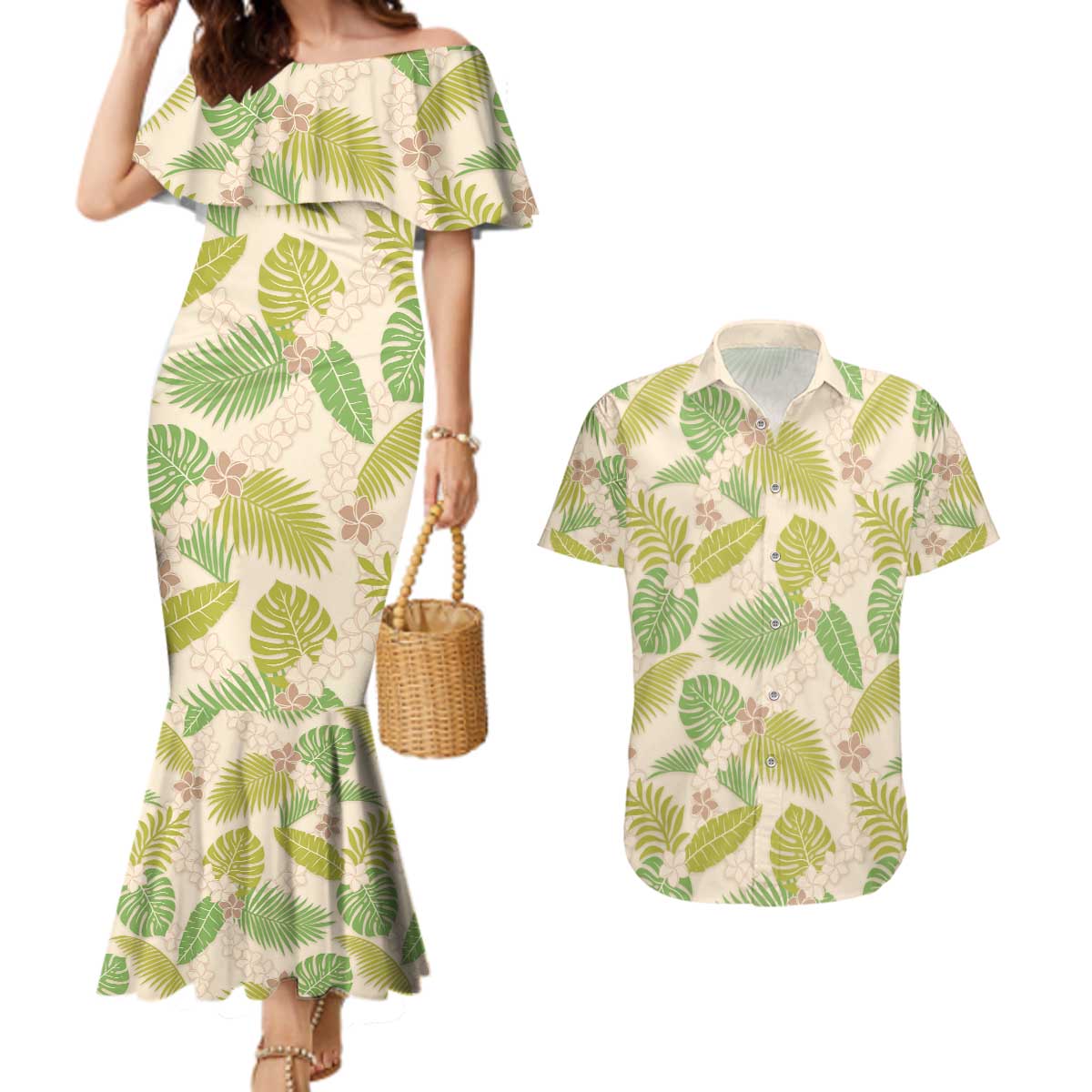 Beige Hawaii Plumeria Lei With Tropical Leaves Couples Matching Mermaid Dress and Hawaiian Shirt