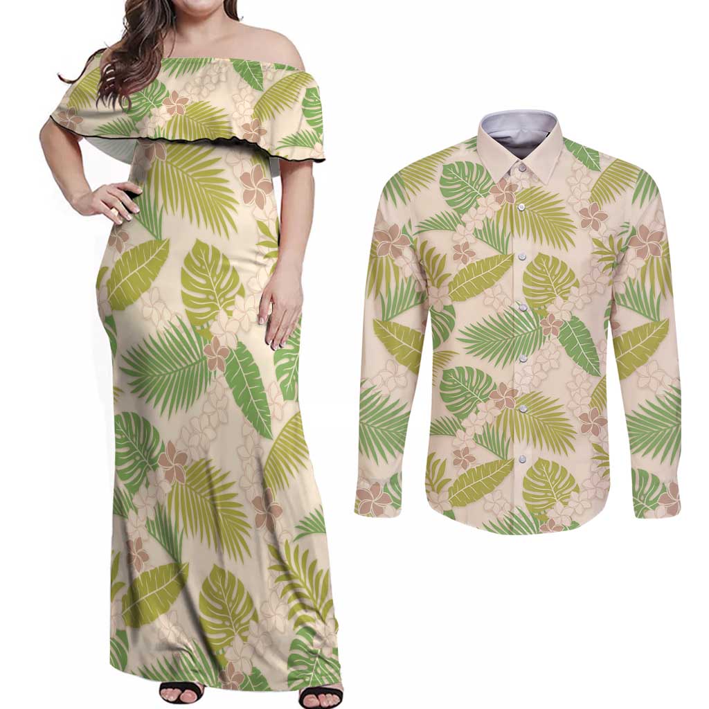 Beige Hawaii Plumeria Lei With Tropical Leaves Couples Matching Off Shoulder Maxi Dress and Long Sleeve Button Shirt