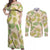 Beige Hawaii Plumeria Lei With Tropical Leaves Couples Matching Off Shoulder Maxi Dress and Long Sleeve Button Shirt