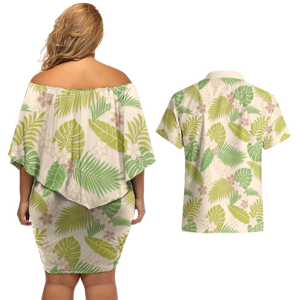 Beige Hawaii Plumeria Lei With Tropical Leaves Couples Matching Off Shoulder Short Dress and Hawaiian Shirt
