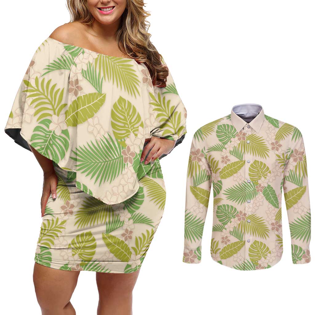 Beige Hawaii Plumeria Lei With Tropical Leaves Couples Matching Off Shoulder Short Dress and Long Sleeve Button Shirt