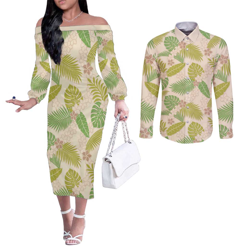 Beige Hawaii Plumeria Lei With Tropical Leaves Couples Matching Off The Shoulder Long Sleeve Dress and Long Sleeve Button Shirt LT14 Beige - Polynesian Pride