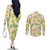 Beige Hawaii Plumeria Lei With Tropical Leaves Couples Matching Off The Shoulder Long Sleeve Dress and Long Sleeve Button Shirt