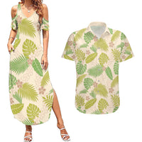 Beige Hawaii Plumeria Lei With Tropical Leaves Couples Matching Summer Maxi Dress and Hawaiian Shirt