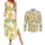 Beige Hawaii Plumeria Lei With Tropical Leaves Couples Matching Summer Maxi Dress and Long Sleeve Button Shirt