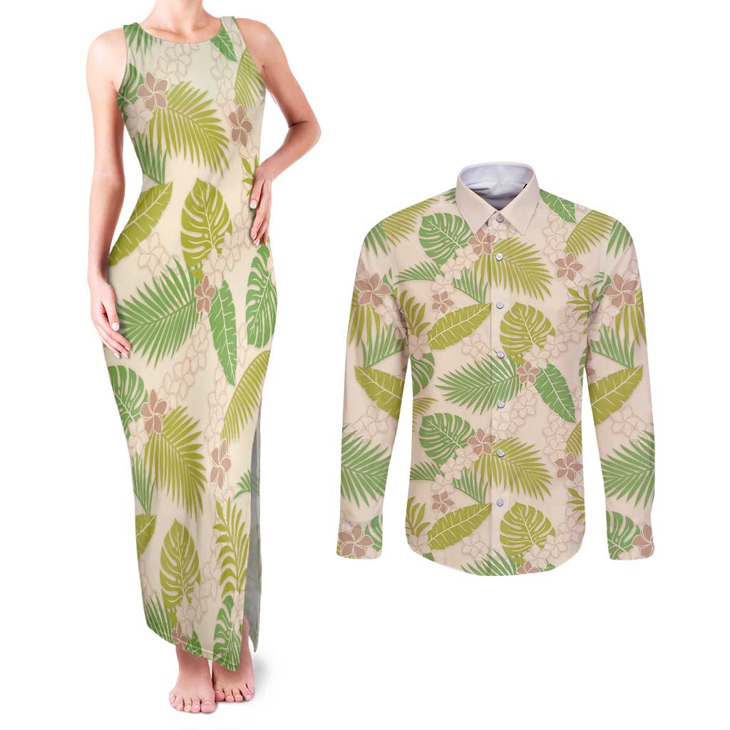 Beige Hawaii Plumeria Lei With Tropical Leaves Couples Matching Tank Maxi Dress and Long Sleeve Button Shirt