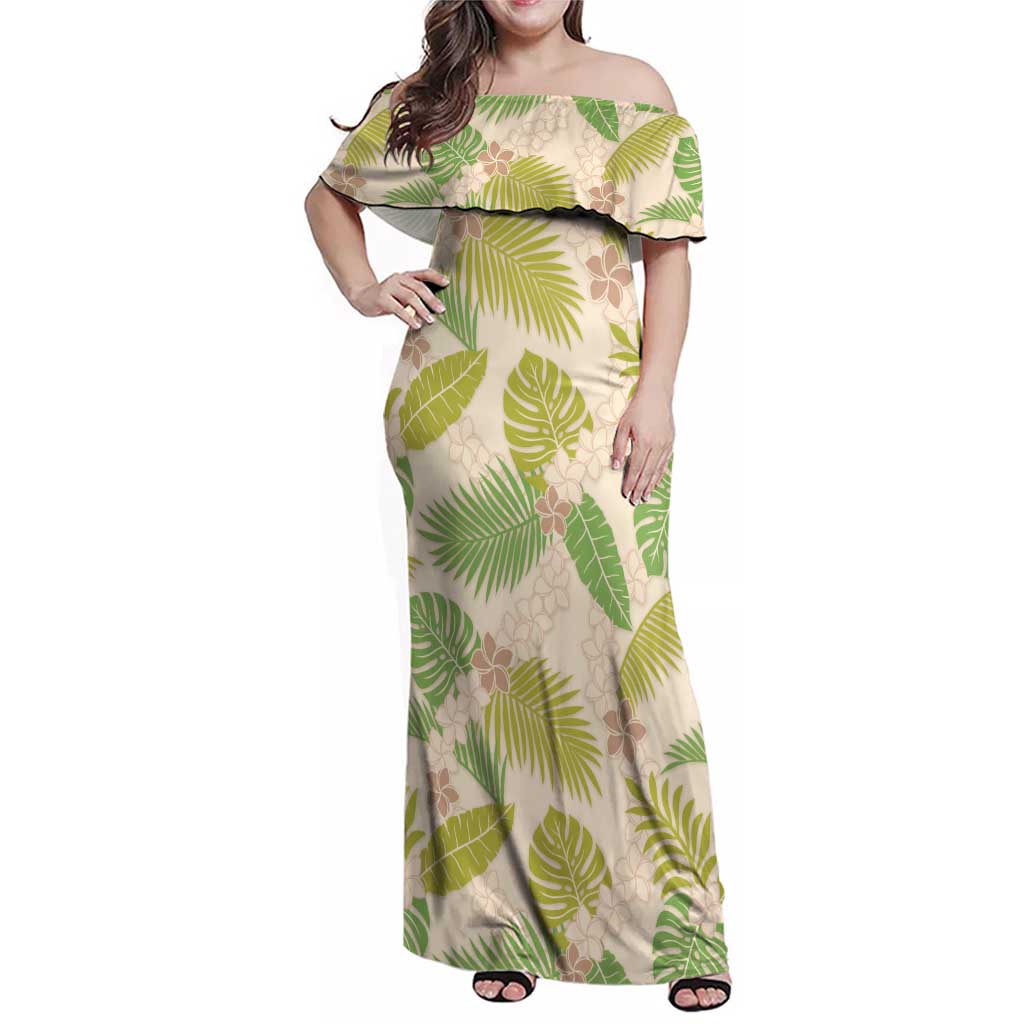Beige Hawaii Plumeria Lei With Tropical Leaves Family Matching Off Shoulder Maxi Dress and Hawaiian Shirt