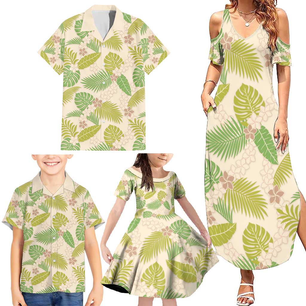 Beige Hawaii Plumeria Lei With Tropical Leaves Family Matching Summer Maxi Dress and Hawaiian Shirt