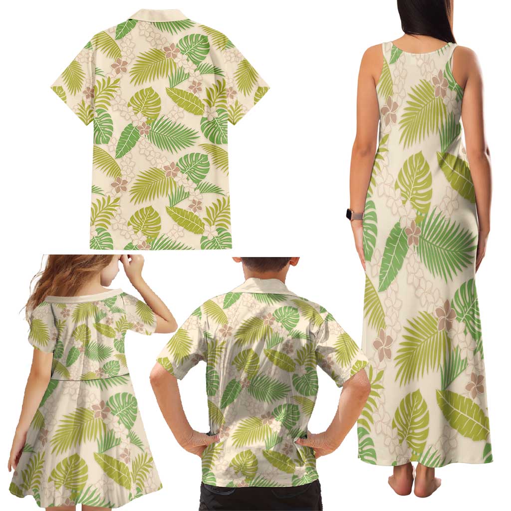 Beige Hawaii Plumeria Lei With Tropical Leaves Family Matching Tank Maxi Dress and Hawaiian Shirt
