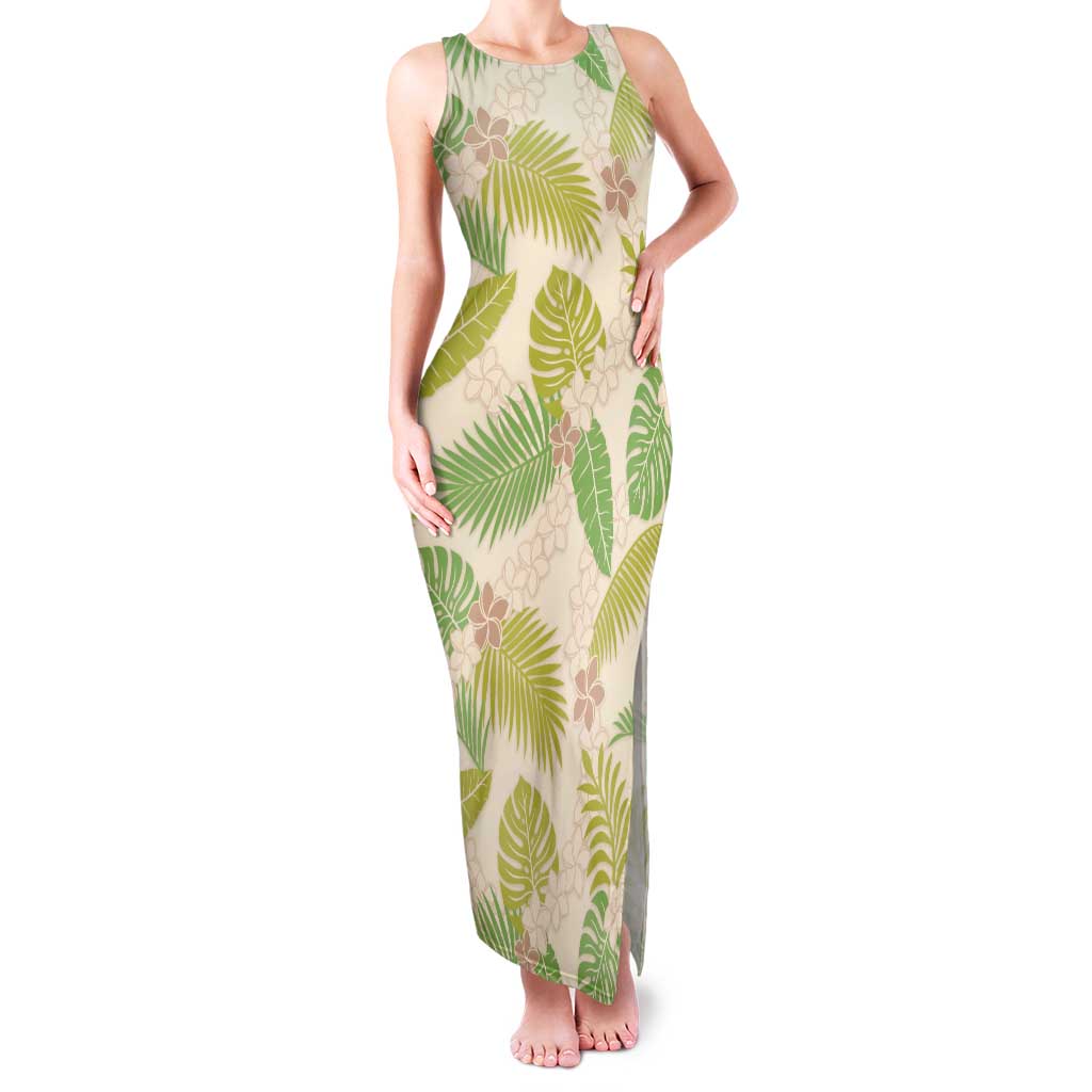 Beige Hawaii Plumeria Lei With Tropical Leaves Family Matching Tank Maxi Dress and Hawaiian Shirt