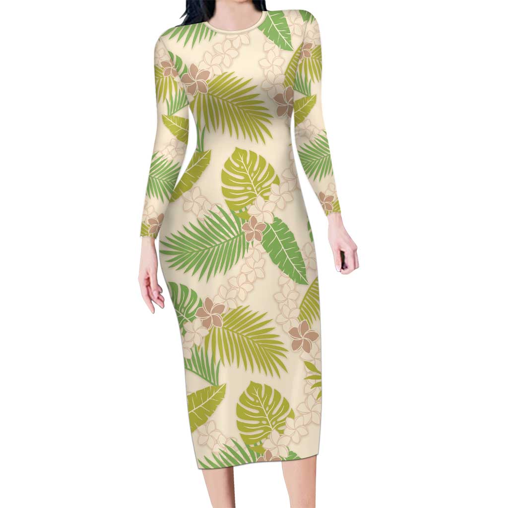 Beige Hawaii Plumeria Lei With Tropical Leaves Long Sleeve Bodycon Dress