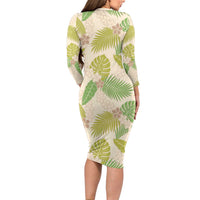 Beige Hawaii Plumeria Lei With Tropical Leaves Long Sleeve Bodycon Dress