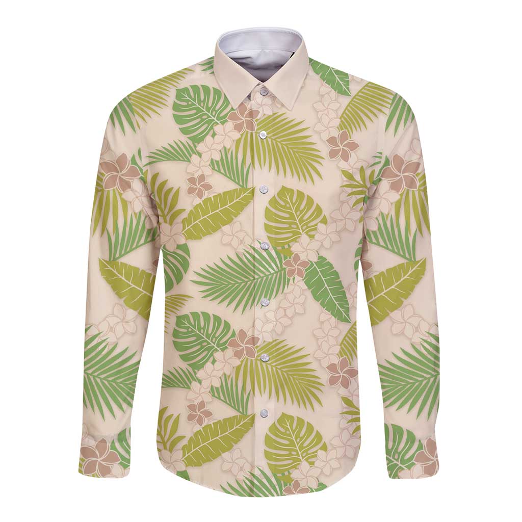 Beige Hawaii Plumeria Lei With Tropical Leaves Long Sleeve Button Shirt