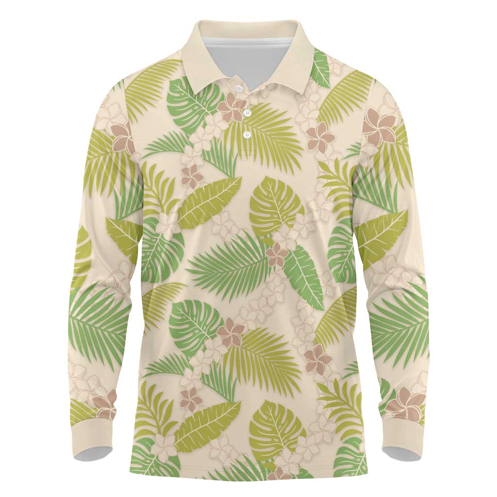 Beige Hawaii Plumeria Lei With Tropical Leaves Long Sleeve Polo Shirt