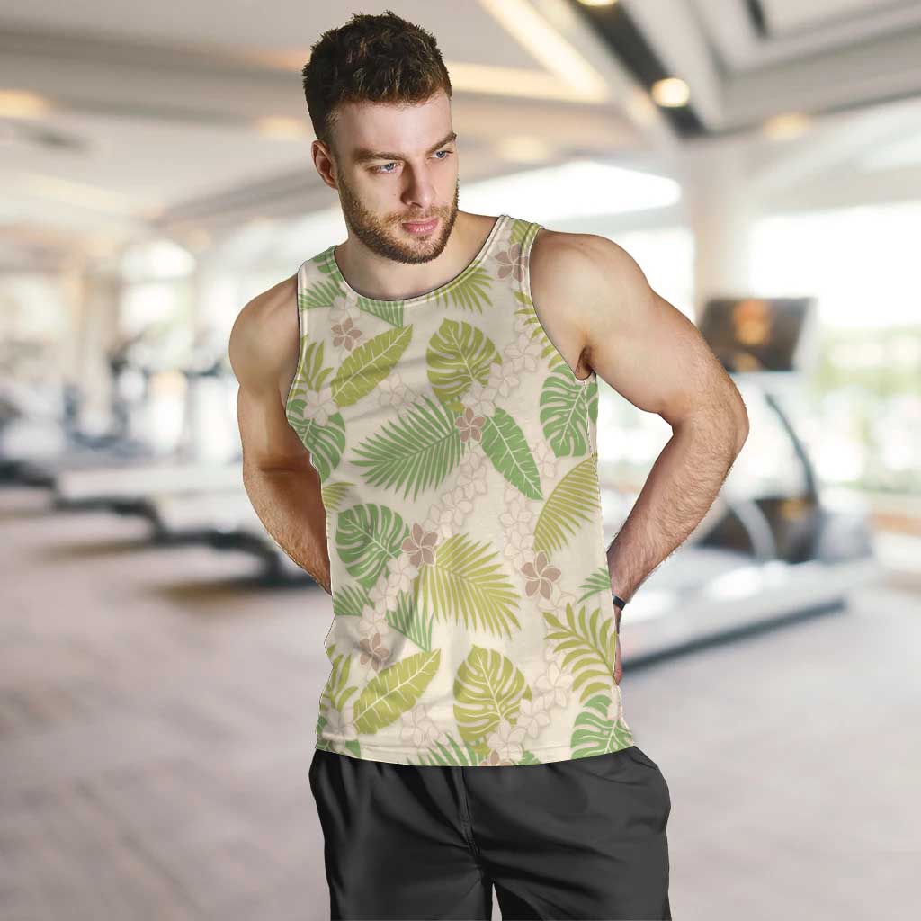 Beige Hawaii Plumeria Lei With Tropical Leaves Men Tank Top