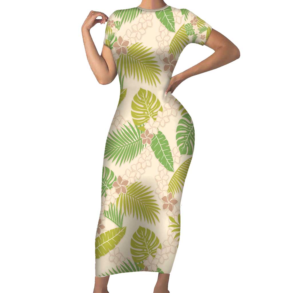 Beige Hawaii Plumeria Lei With Tropical Leaves Short Sleeve Bodycon Dress