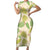 Beige Hawaii Plumeria Lei With Tropical Leaves Short Sleeve Bodycon Dress