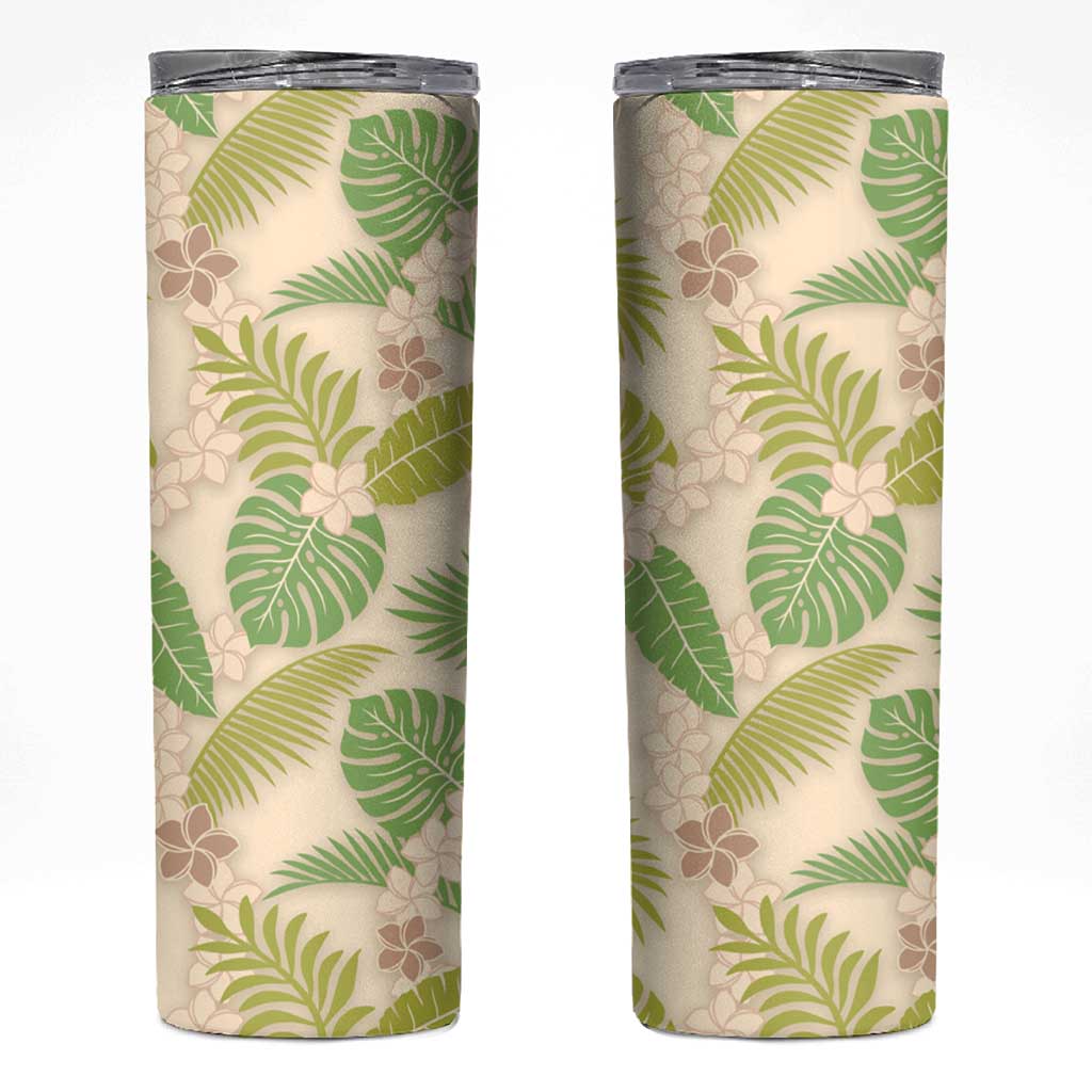 Beige Hawaii Plumeria Lei With Tropical Leaves Skinny Tumbler