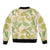 Beige Hawaii Plumeria Lei With Tropical Leaves Sleeve Zip Bomber Jacket