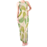 Beige Hawaii Plumeria Lei With Tropical Leaves Tank Maxi Dress