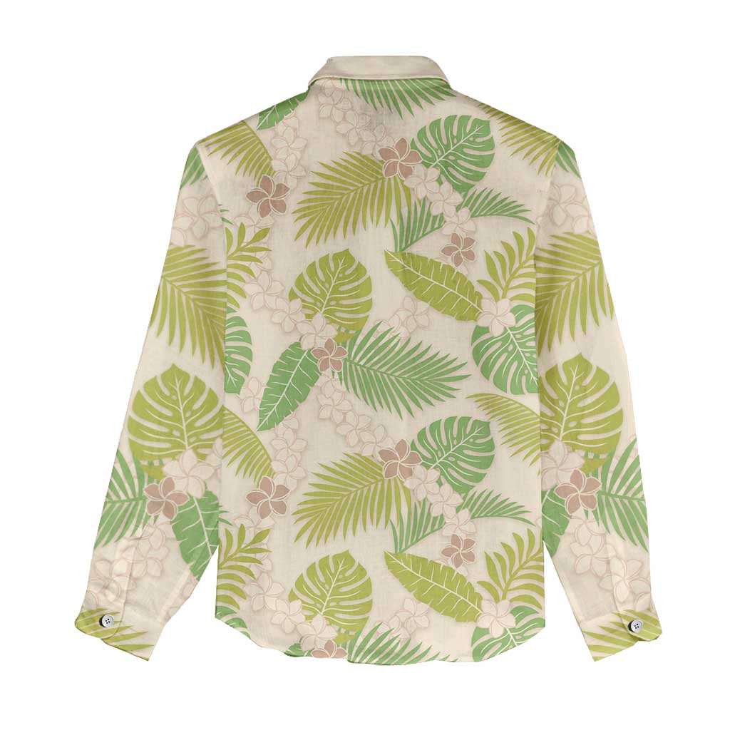 Beige Hawaii Plumeria Lei With Tropical Leaves Women Casual Shirt