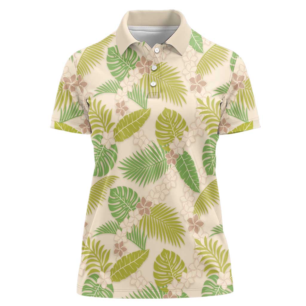 Beige Hawaii Plumeria Lei With Tropical Leaves Women Polo Shirt