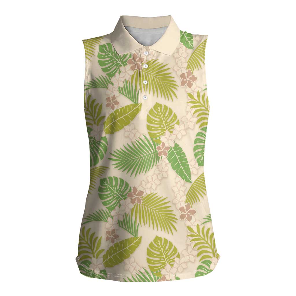 Beige Hawaii Plumeria Lei With Tropical Leaves Women Sleeveless Polo Shirt