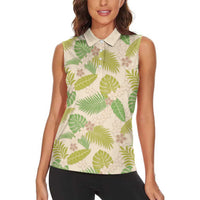 Beige Hawaii Plumeria Lei With Tropical Leaves Women Sleeveless Polo Shirt