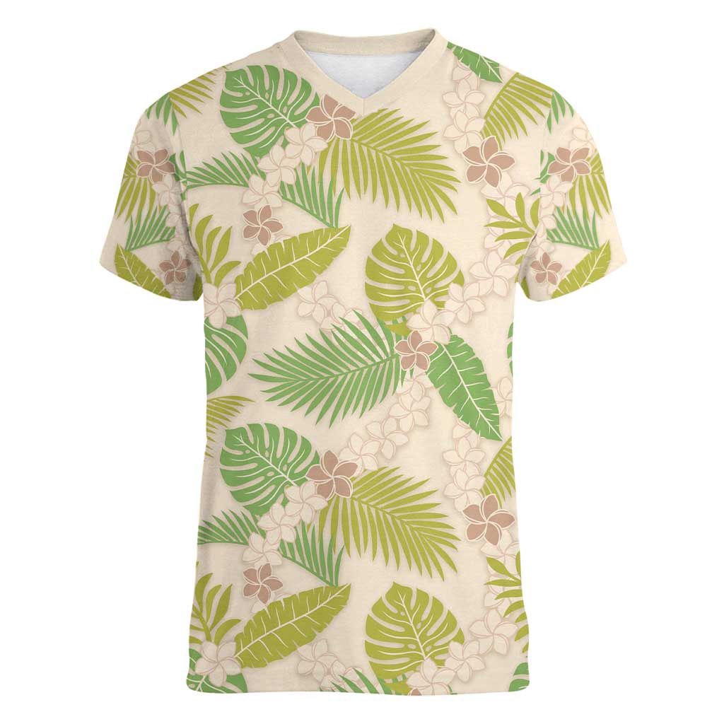 Beige Hawaii Plumeria Lei With Tropical Leaves Women V-Neck T-Shirt